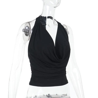 Cowl neck halter self tie solid backless top
