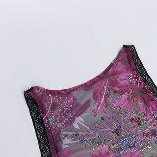 Beaded crewneck flower print lace hem mesh top