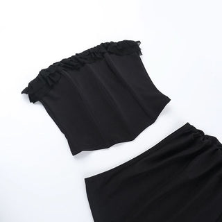 Ruffle slit ruched mesh tube maxi skirt set