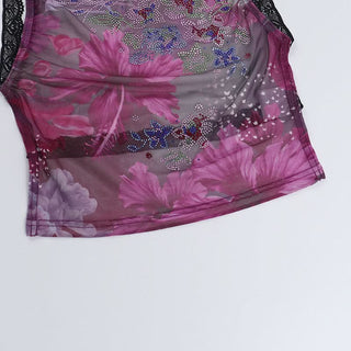 Beaded crewneck flower print lace hem mesh top