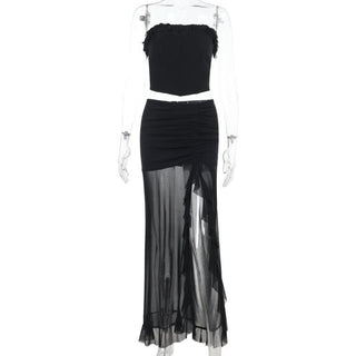 Ruffle slit ruched mesh tube maxi skirt set