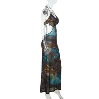 O ring hollow out halter self tie print cut out maxi dress