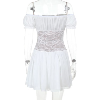 Off shoulder lace button ruched mini dress