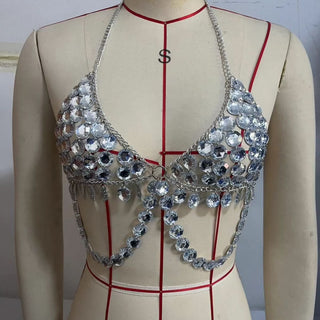 Metal chain v neck o ring halter backless top