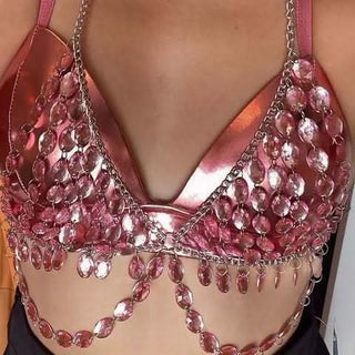 Pink v neck metal chain o ring halter top