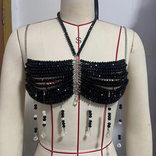 Black beaded metal chain halter backless top