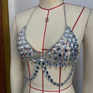 Metal chain v neck o ring halter backless top