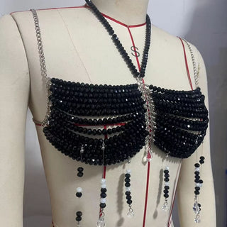 Black beaded metal chain halter backless top