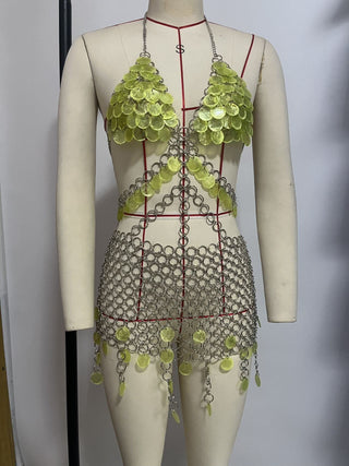 Metal chain v neck glitter o ring mini dress