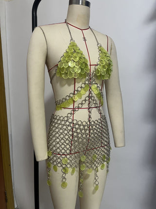 Metal chain v neck glitter o ring mini dress