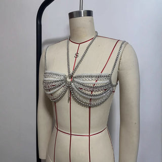 Metal chain beaded o ring halter top