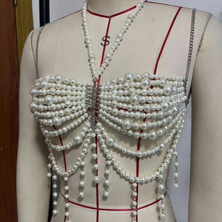 Metal chain beaded halter backless top