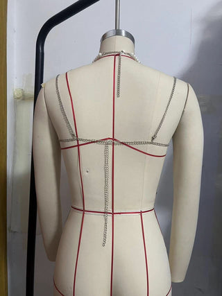 Metal chain beaded halter backless top