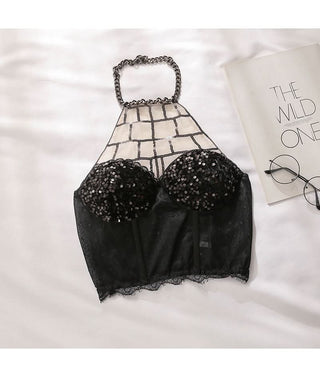 Halter metal chain glitter smocked lace hem top