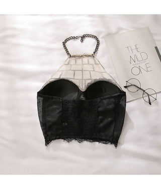 Halter metal chain glitter smocked lace hem top