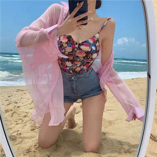 Smocked flower print v neck padded cami top