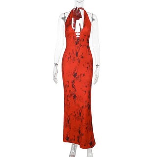 Hollow out halter self tie o ring print cut out maxi dress
