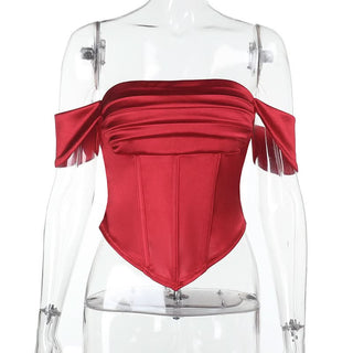 Off shoulder pleated satin corset tube top