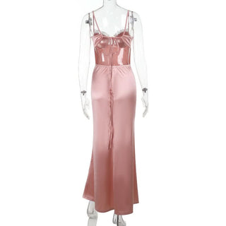 Lace hem satin self tie ruched cami maxi dress