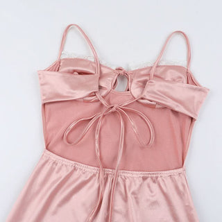 Lace hem satin self tie ruched cami maxi dress