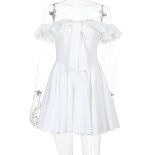 Off shoulder lace hem ruched zip-up mini dress