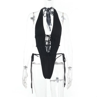 Halter self tie hollow out backless bodysuit