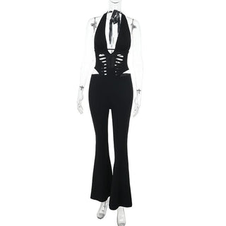 Halter self tie hollow out deep v neck jumpsuit