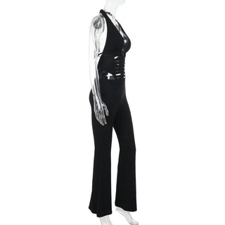 Halter self tie hollow out deep v neck jumpsuit