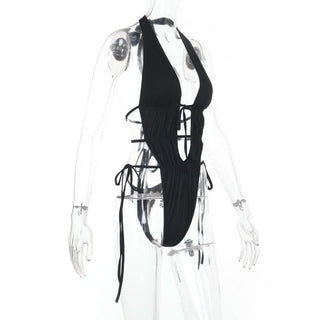 Halter self tie hollow out backless bodysuit