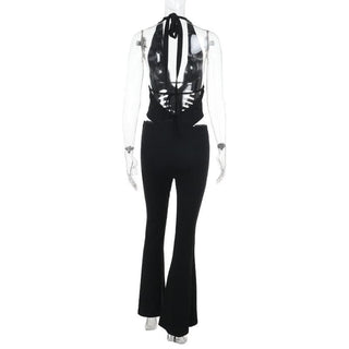 Halter self tie hollow out deep v neck jumpsuit