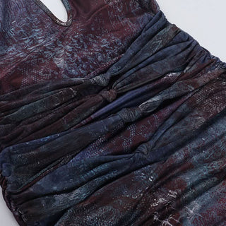 Self tie halter deep v neck print ruched mini dress