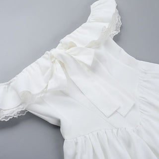 Off shoulder lace hem ruched zip-up mini dress