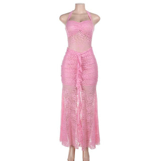 Lace ruched self tie halter v neck maxi dress