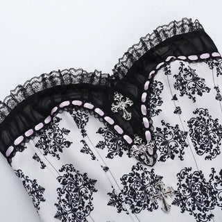 Lace hem smocked sweetheart neck print top