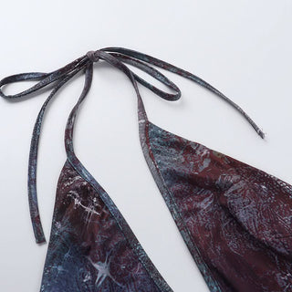 Self tie halter deep v neck print ruched mini dress