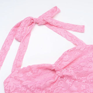 Lace ruched self tie halter v neck maxi dress