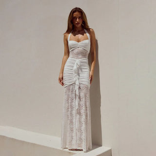 Lace ruched self tie halter v neck maxi dress