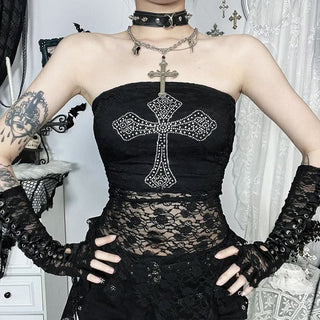 Lace irregular cross beaded tube top