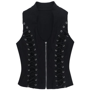 Zip-up u neck lace up sleeveless solid top