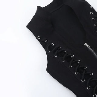 Zip-up u neck lace up sleeveless solid top