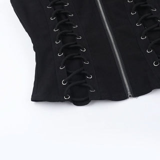 Zip-up u neck lace up sleeveless solid top