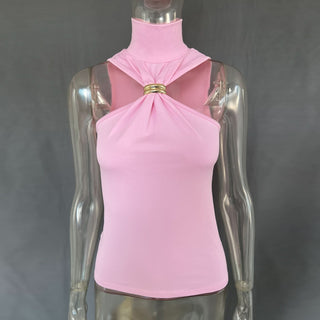 High neck ruched sleeveless solid top