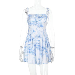 Square neck print self tie cami mini dress