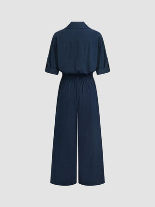 Linen-blend Linen-blend Collar Knotted Roll Hem Oversized Jumpsuit For Work