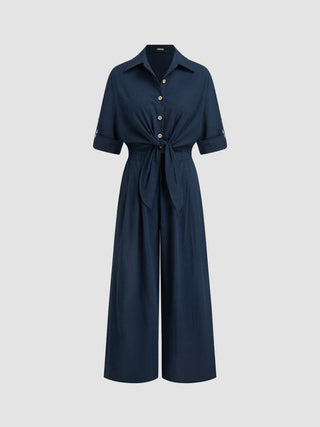 Linen-blend Linen-blend Collar Knotted Roll Hem Oversized Jumpsuit For Work