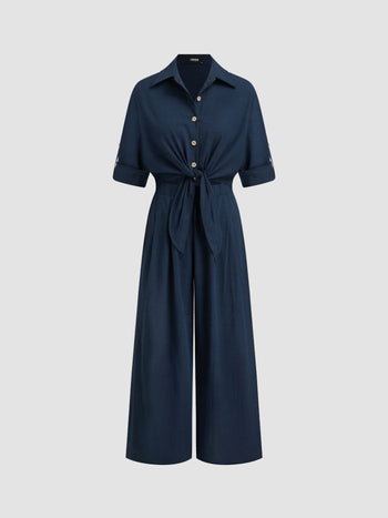 Linen-blend Linen-blend Collar Knotted Roll Hem Oversized Jumpsuit For Work