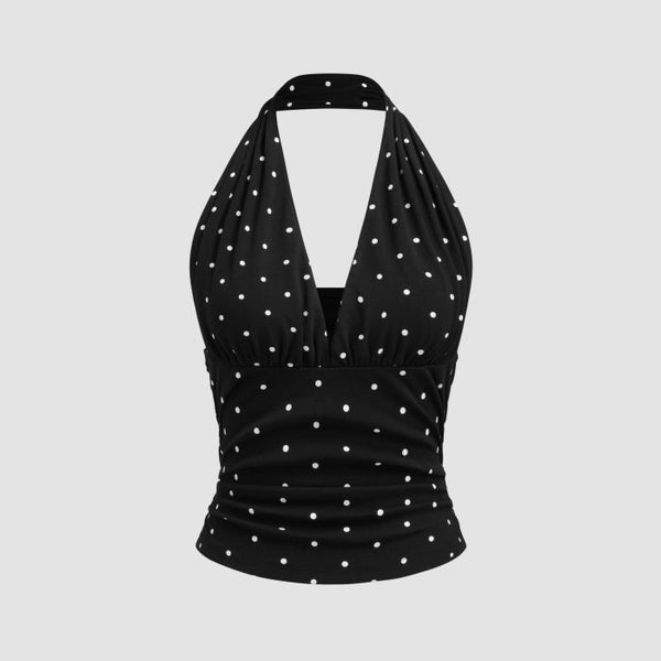 Cotton-blend Halter Cowl Neck Polka Dot Ruched Top