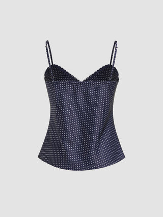 Sweetheart Neckline Polka Dot Lace Trim Knotted Cami Top