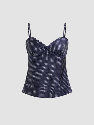 Sweetheart Neckline Polka Dot Lace Trim Knotted Cami Top