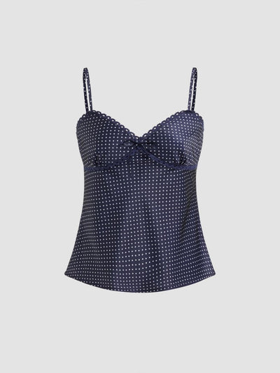 Sweetheart Neckline Polka Dot Lace Trim Knotted Cami Top
